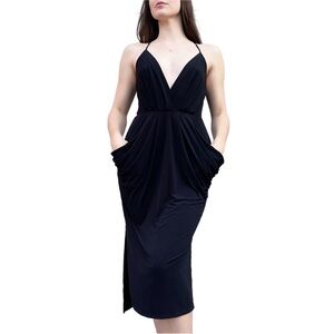 BCBG Black Draped Plunge Midi Cocktail Dress XS